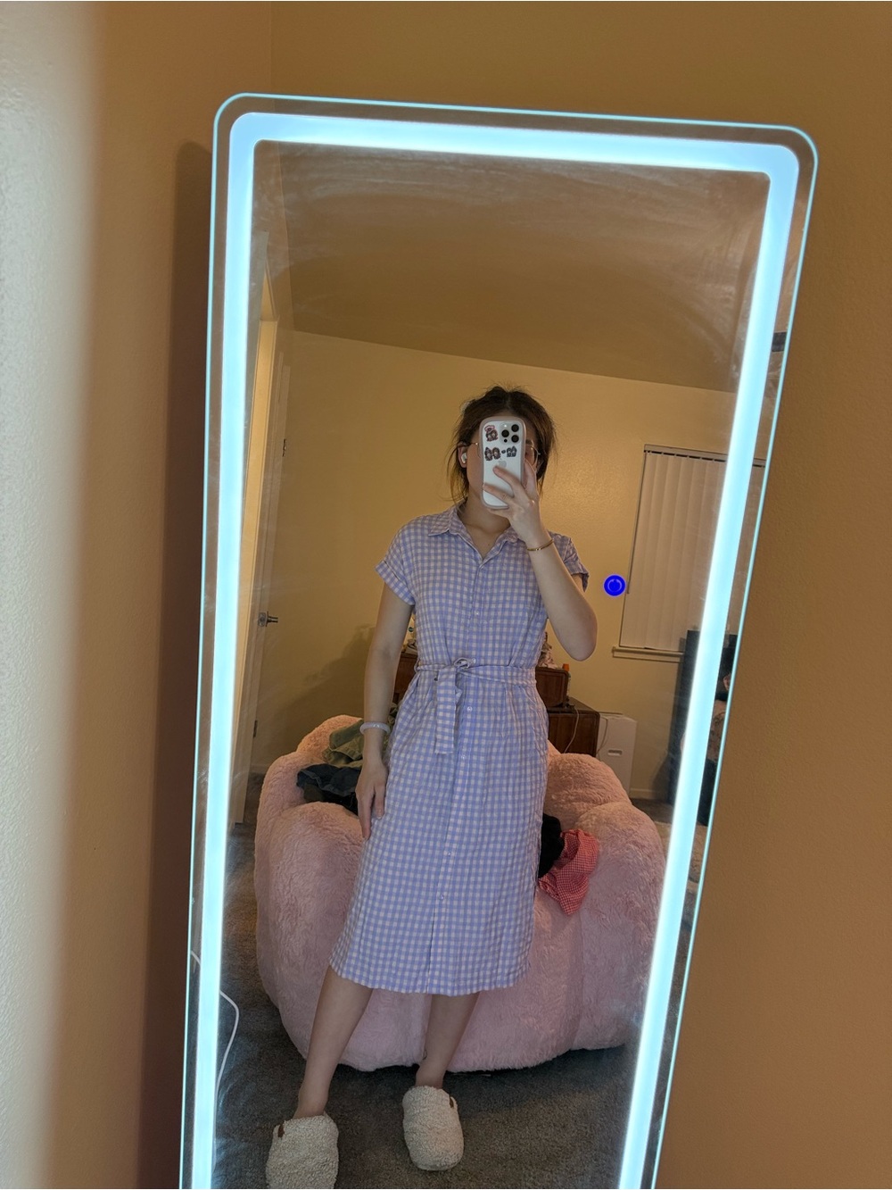 Gingham Midi Shirt Dress with Tie Waist in Lilac